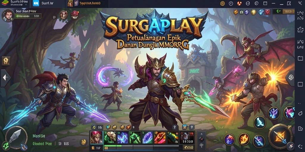 Screenshot gameplay SURGAPLAY dengan aksi pertempuran epik di dunia fantasi.